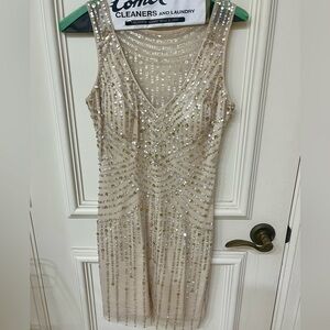 🎉HP🎉Aidan Mattox Sleeveless Light Gold/Beige Sequin Beaded Illusion Dress 2